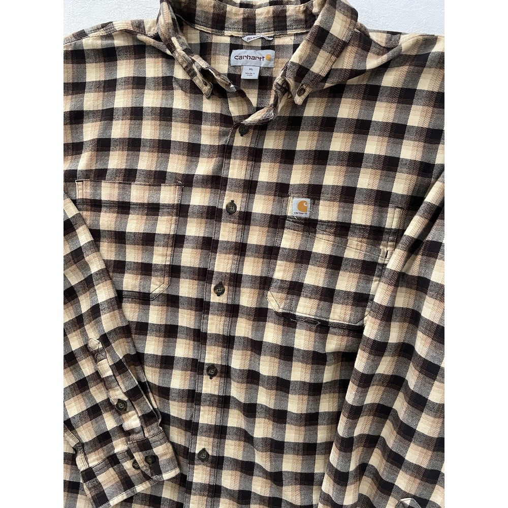 Carhartt‎ Mens XL Heavyweight Flannel Rustic Brown Plaid Long Sleeve Relaxed Fit